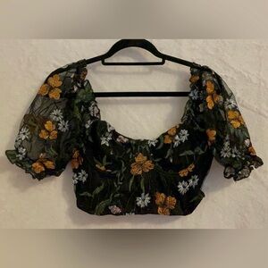 Floral Embroidered Mesh Puff-Sleeve Crop Top